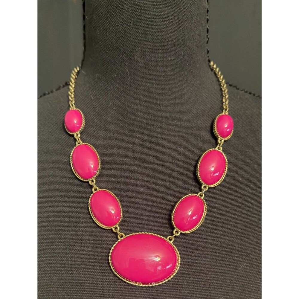 Gold Pink Cabochon Statement Bib Necklace Chunky
